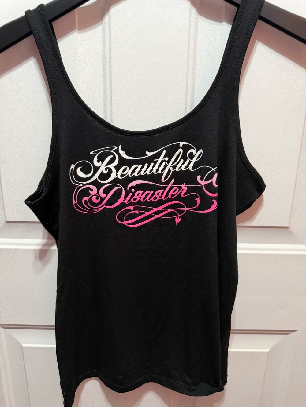 Black Scoop Neck Tank Top with 'Beautiful Disaster' Script. Size XL